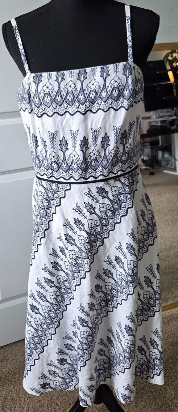 Ann Taylor LOFT Linen Dress Women’s Size 10 White Blue Floral Midi Sundress